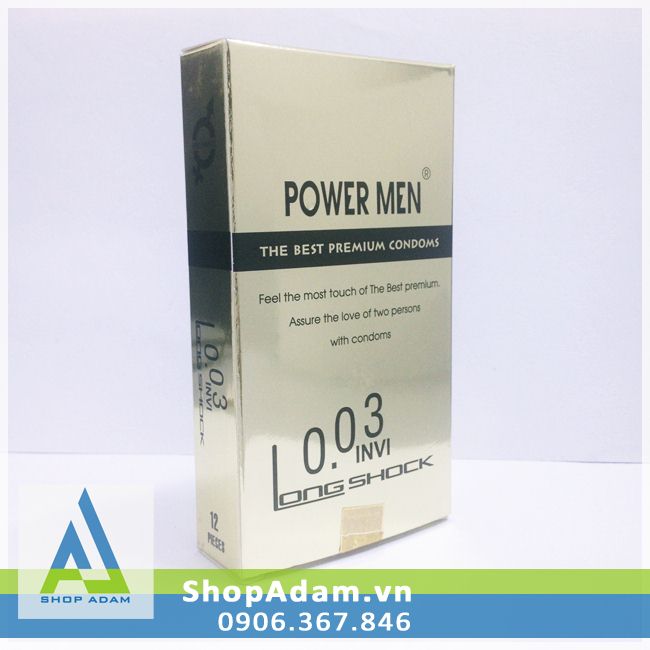 Bao cao su siêu mỏng chống xuất tinh sớm Power Men 0.03 Invi Long Shock (Hộp 12 chiếc)