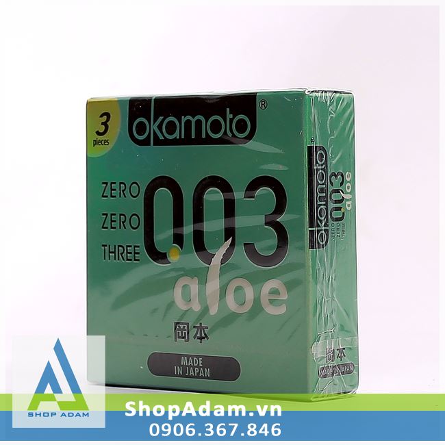 Bao cao su cao cấp Nhật Bản siêu mỏng OKAMOTO 0.03 Aloe (Hộp 3 chiếc)