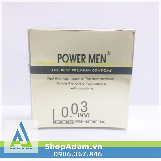 Bao cao su Power Men 0.03 Invi Longshock siêu mỏng chống xuất tinh sớm (Hộp 3 chiếc)