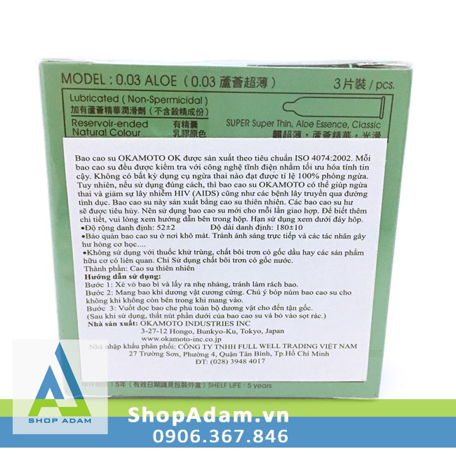 Bao cao su siêu mỏng Okamoto 0.03 Aloe hương nha đam